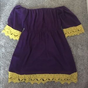 Off the shoulder purple and gold dress